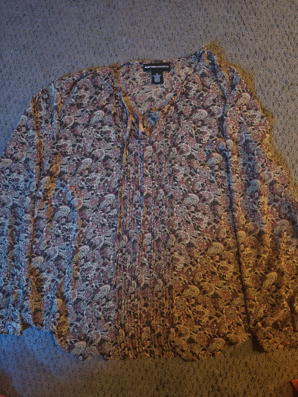 Norton McNaughton Burgundy and Cream Floral Pintuck Top